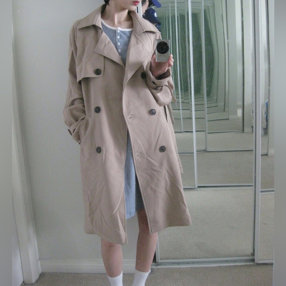 Korean Beige Belted Trench Coat with Adjustable Buckles on Sleeve